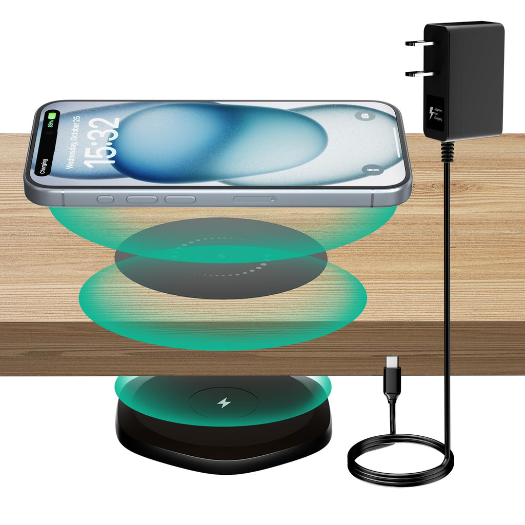 KPON Invisible Wireless Charger,30mm Under Desk Charger Mat, Furniture Table Nightstand Desktop Charging Station for iPhone17/16/15/14/13/12/Samsung/LG/Google Pixel Desk Essentials(with QC Adapter)