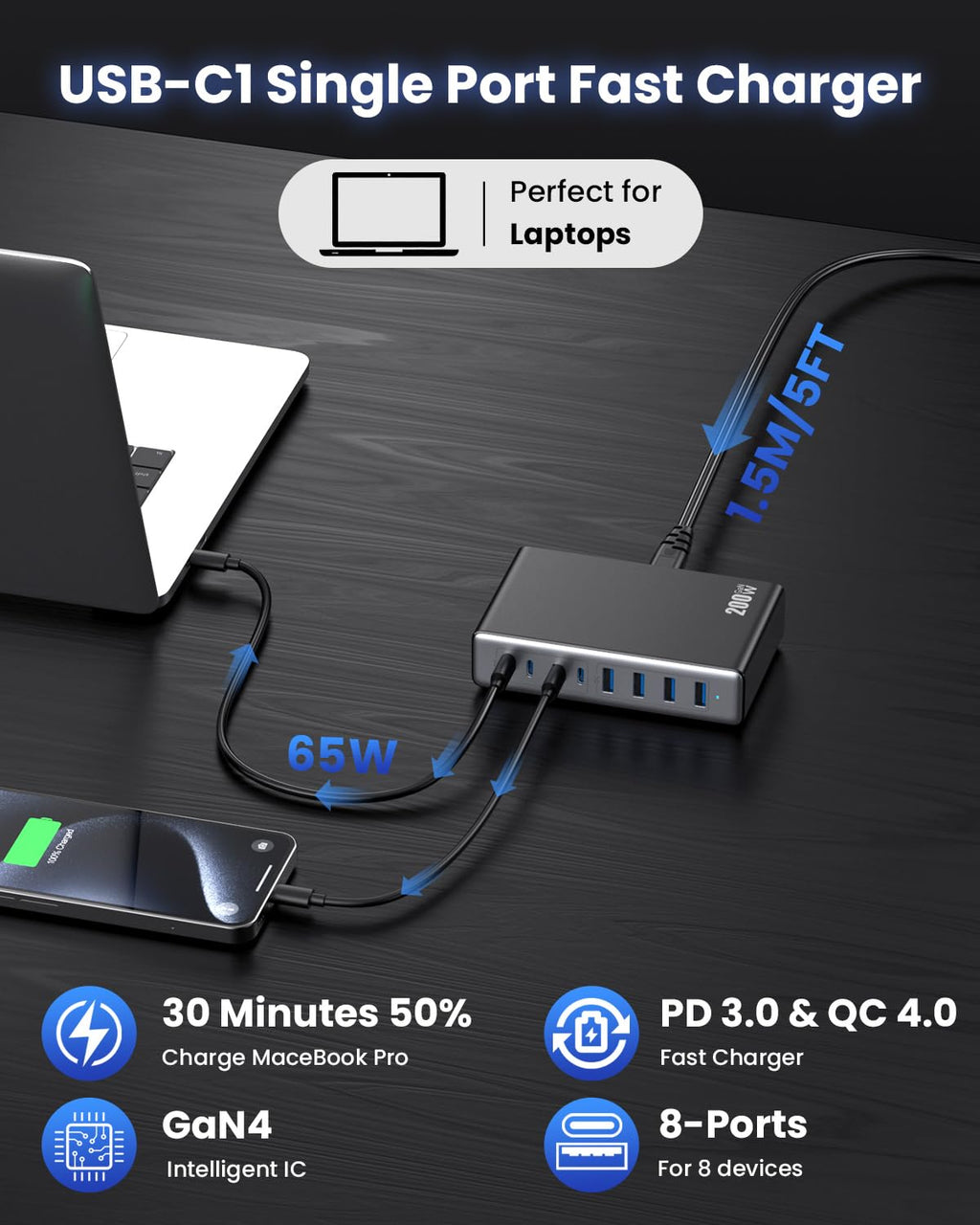 200W USB C Charger Block,GaN IV Charging Station 8 Ports,QC4.0 Fast Charging Station Hub+PD 65W USB C Laptop Charger Adapter Compatible with MacBook Air/Pro,DELL,iPhone 17/16/15,iPad,Steam Deck-Black