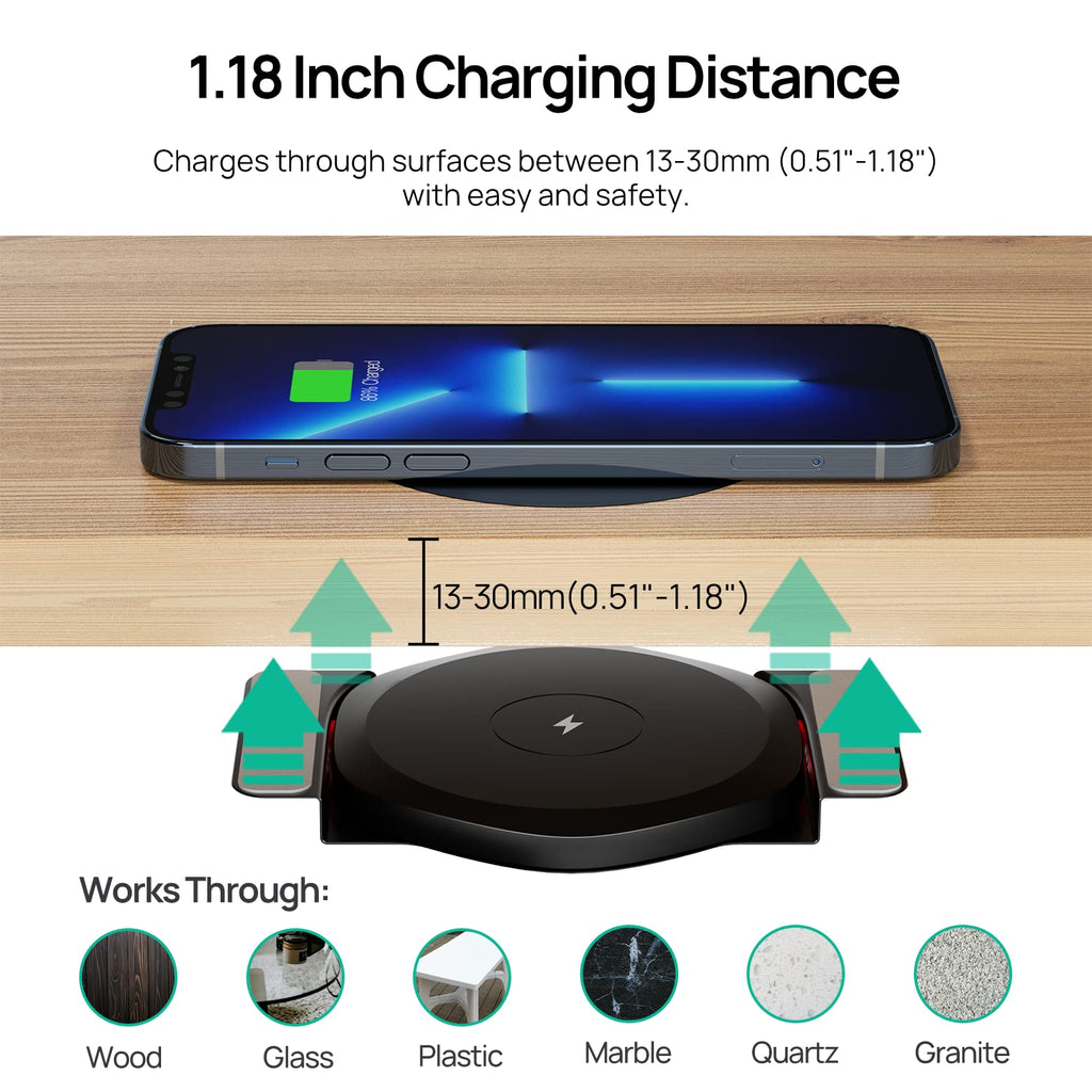 KPON Invisible Wireless Charger,30mm Under Desk Charger Mat, Furniture Table Nightstand Desktop Charging Station for iPhone17/16/15/14/13/12/Samsung/LG/Google Pixel Desk Essentials(with QC Adapter)