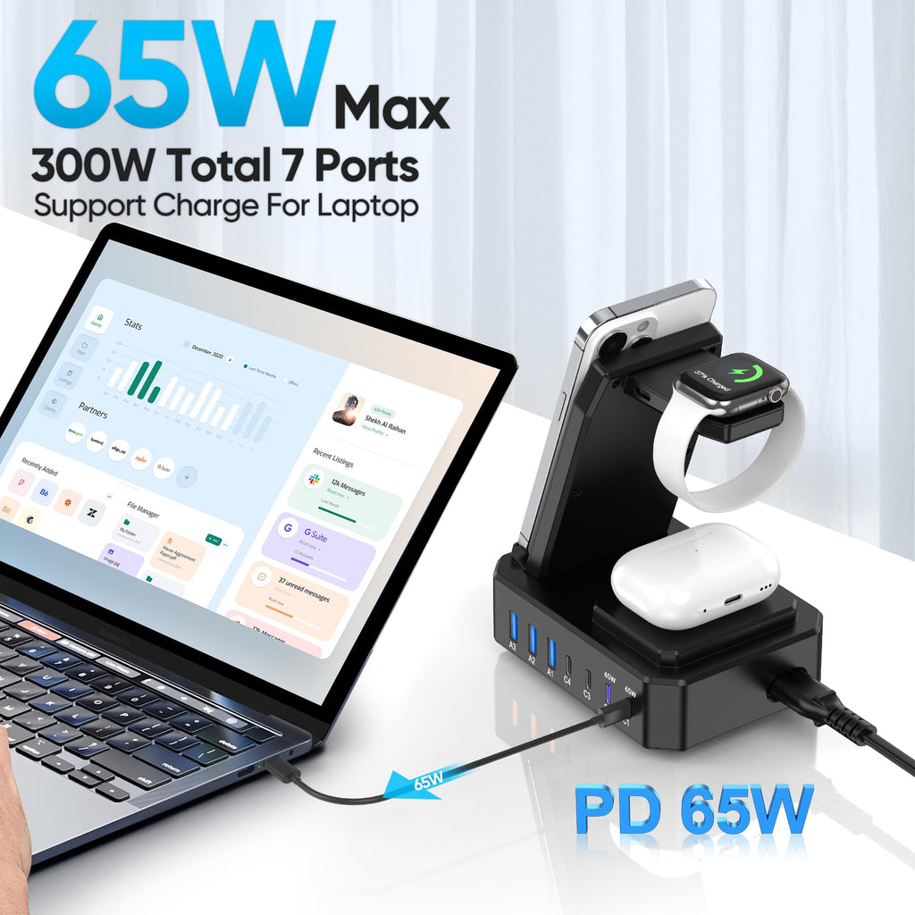 300W Charging Station for Multiple Devices Apple,10 in 1 Wireless Charger for iPhone,GaN III USB C 65W PD Fast Charging Stand Dock for MacBook,iWatch&Airpods (Wireless Charging Only for Apple)