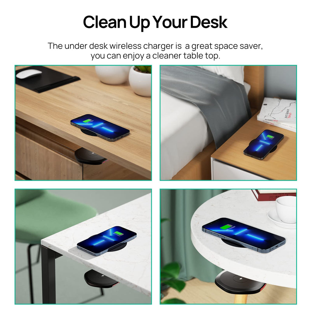 KPON Invisible Wireless Charger,30mm Under Desk Charger Mat, Furniture Table Nightstand Desktop Charging Station for iPhone17/16/15/14/13/12/Samsung/LG/Google Pixel Desk Essentials(with QC Adapter)