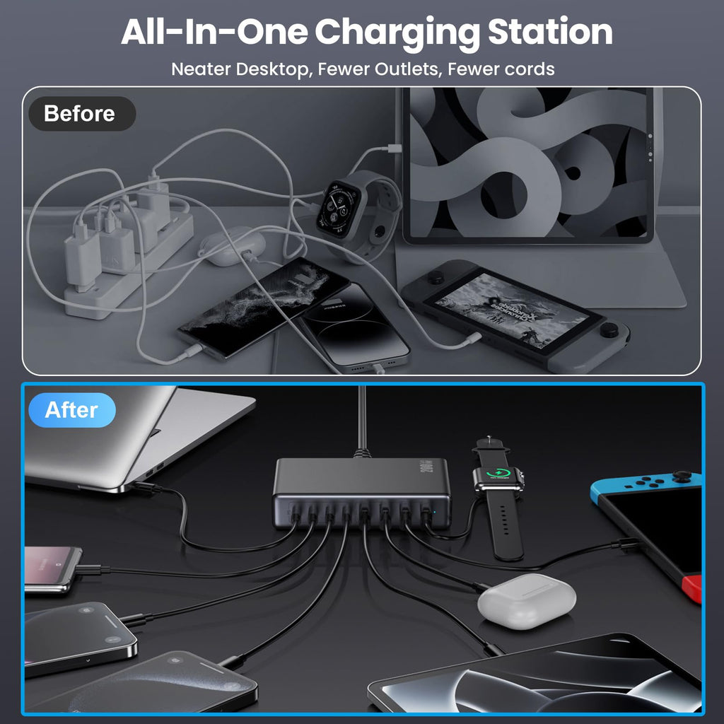 200W USB C Charger Block,GaN IV Charging Station 8 Ports,QC4.0 Fast Charging Station Hub+PD 65W USB C Laptop Charger Adapter Compatible with MacBook Air/Pro,DELL,iPhone 17/16/15,iPad,Steam Deck-Black