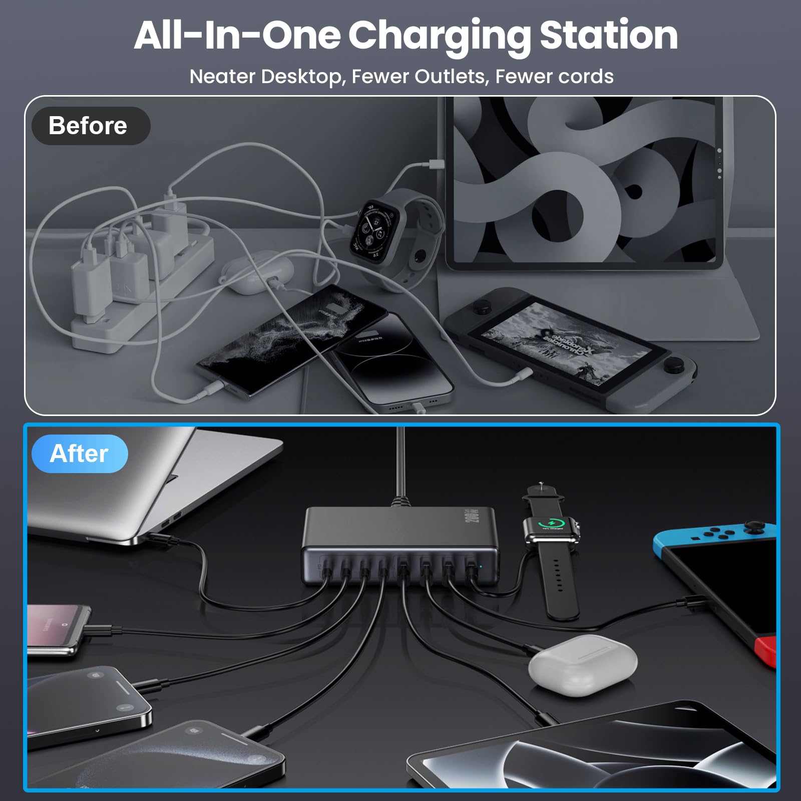 200W USB C Charger Block,GaN IV Charging Station 8 Ports,QC4.0 Fast Charging Station Hub+PD 65W USB C Laptop Charger Adapter Compatible with MacBook Air/Pro,DELL,iPhone 17/16/15,iPad,Steam Deck-Black