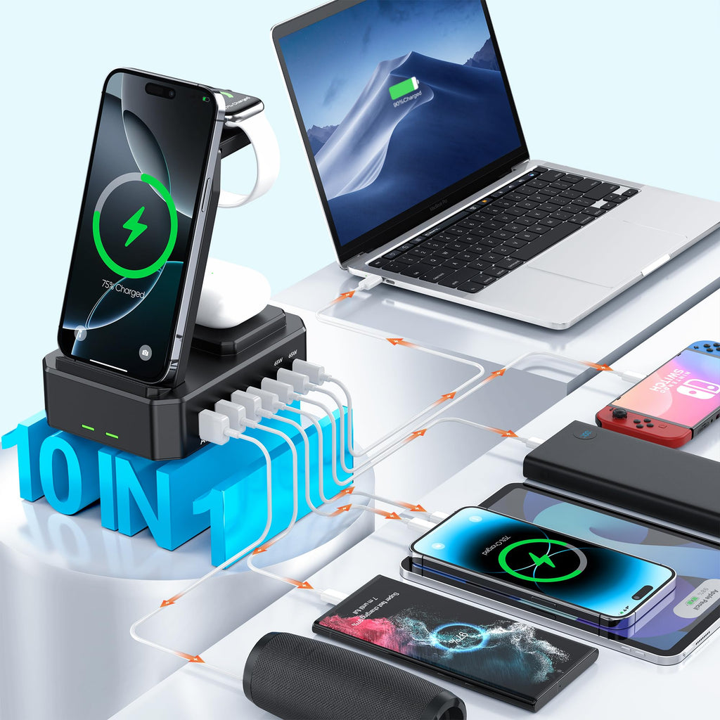 300W Charging Station for Multiple Devices Apple,10 in 1 Wireless Charger for iPhone,GaN III USB C 65W PD Fast Charging Stand Dock for MacBook,iWatch&Airpods (Wireless Charging Only for Apple)